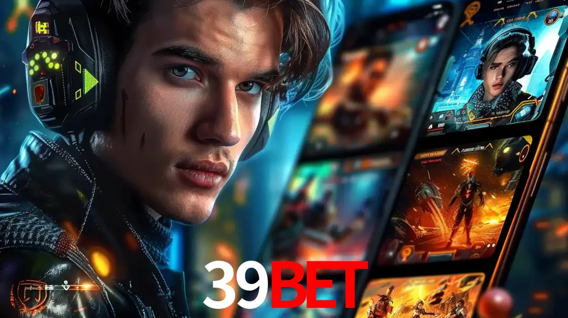 Jovem jogador com fones de ouvido olhando para a câmera, com um aplicativo de jogos e e-sports para celular ao fundo, pronto para a competição e apostas no 39bet.