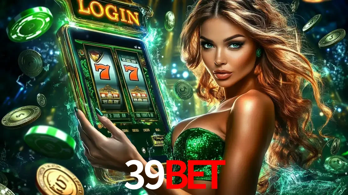 Mulher com tema verde apresentando o aplicativo do cassino 39bet com um jogo de slot de 777, cercada por fichas de cassino e uma aura de sorte.