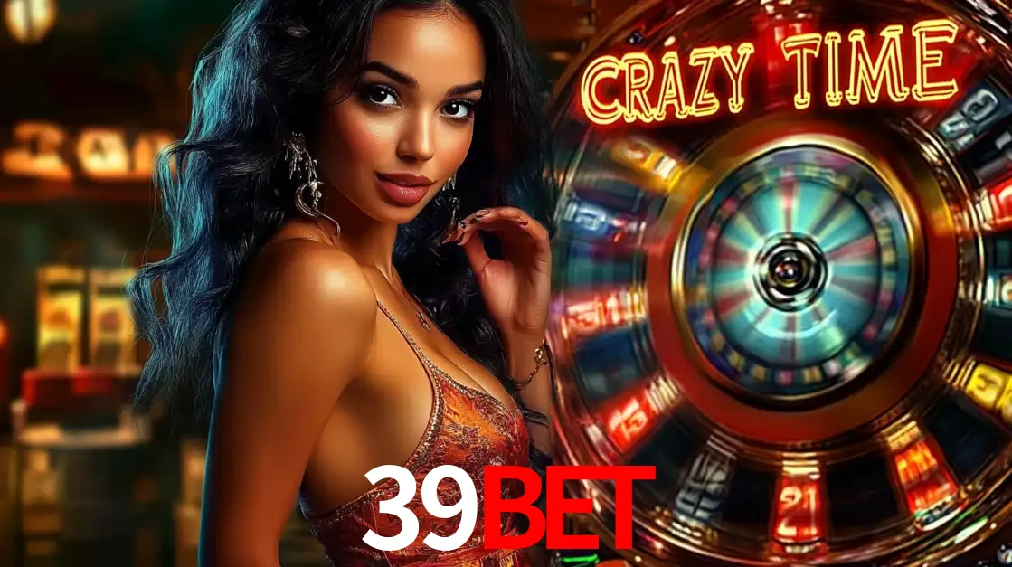 Mulher elegante ao lado da vibrante roda da fortuna do jogo de cassino ao vivo Crazy Time, um dos game shows mais populares e cheios de prêmios do 39bet.