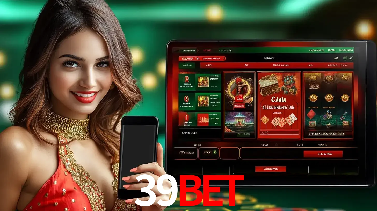 Mulher sorridente segurando um smartphone, ao lado de uma tela exibindo o lobby de jogos do cassino online 39bet, com várias opções de jogos de cartas e slots.